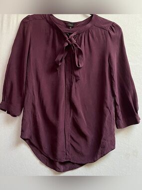 Babaton Aritzia 100% Silk Tie Neck Blouse Deep Plum Purple Bow Sleeve Top XS
